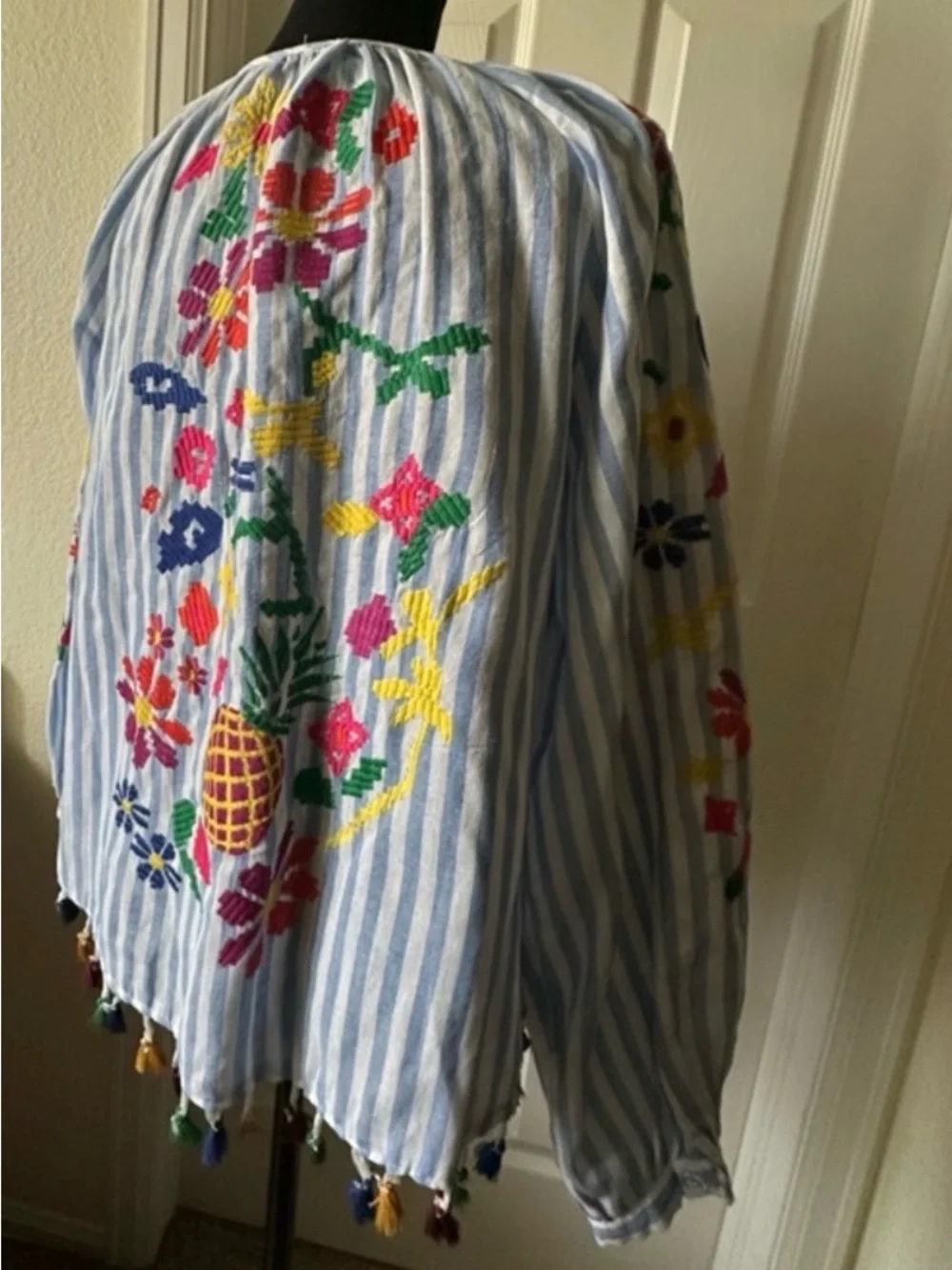Zara‎ Blue White Striped Embroidered Tassel Peasant Blouse Size M